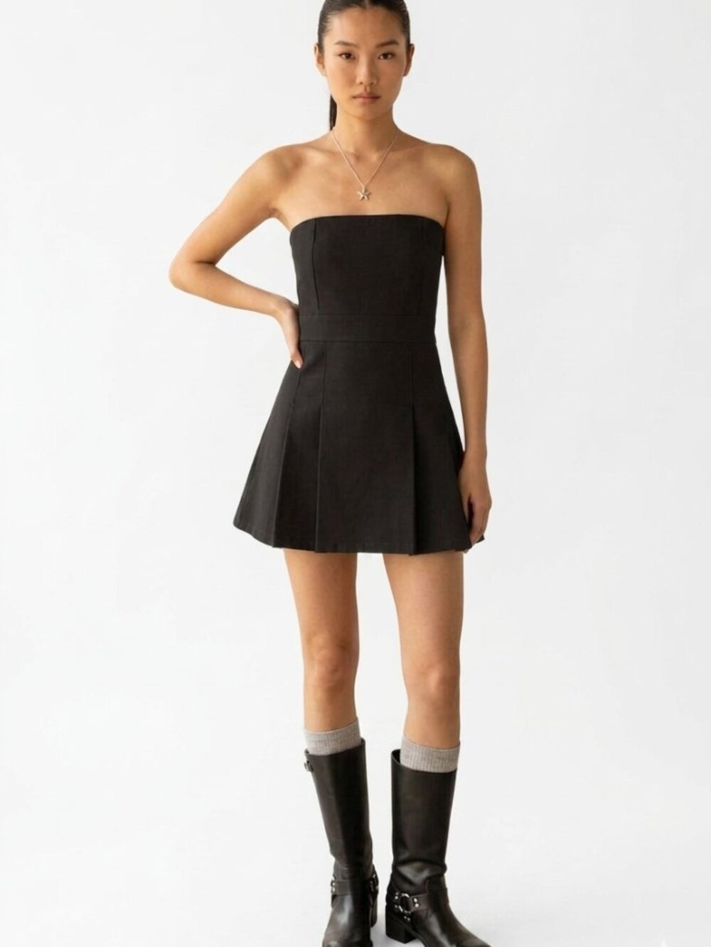 *OAK + FORT Black Strapless Pleated Mini Cotton Twill Tube Dress S